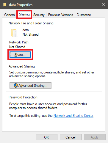 Data folder Share button