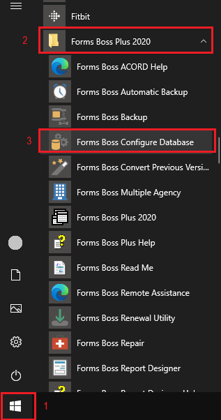 Start Menu Forms Boss Configure Database