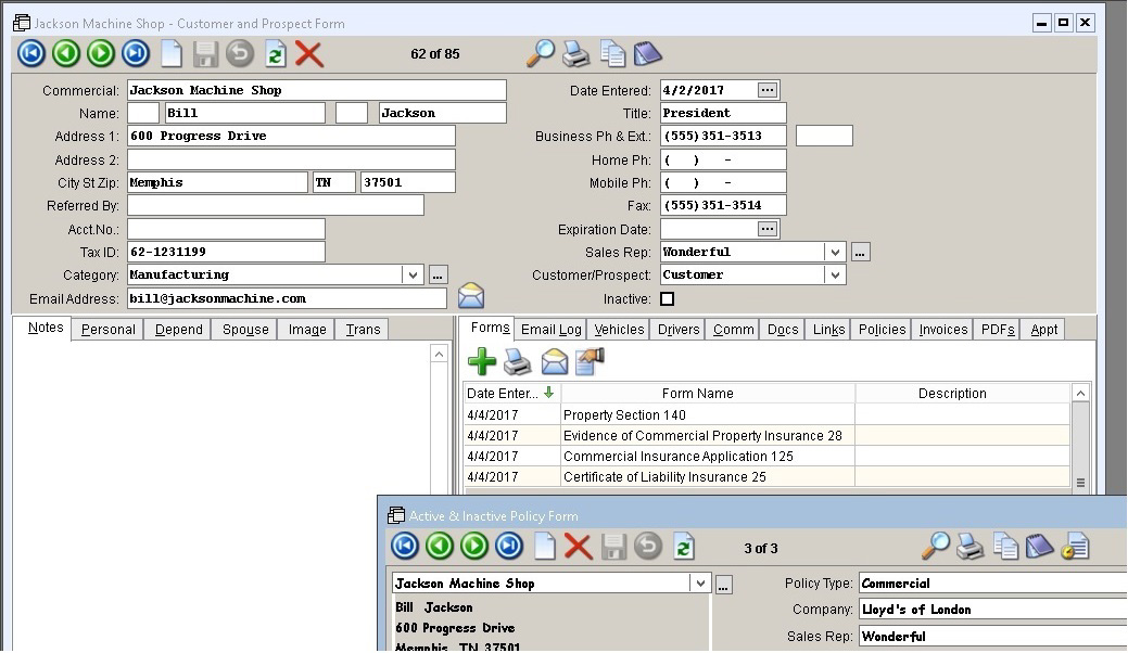 ACORD Forms Sample Client & Policy Screen