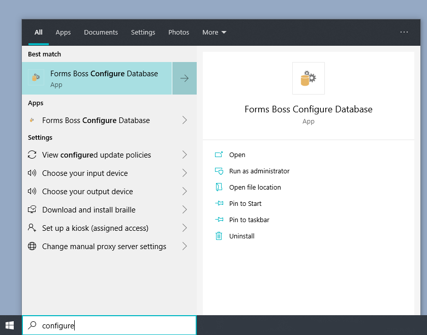 Forms Boss Start Menu Find Configure Database