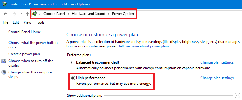 Windows Control Panel Power Options